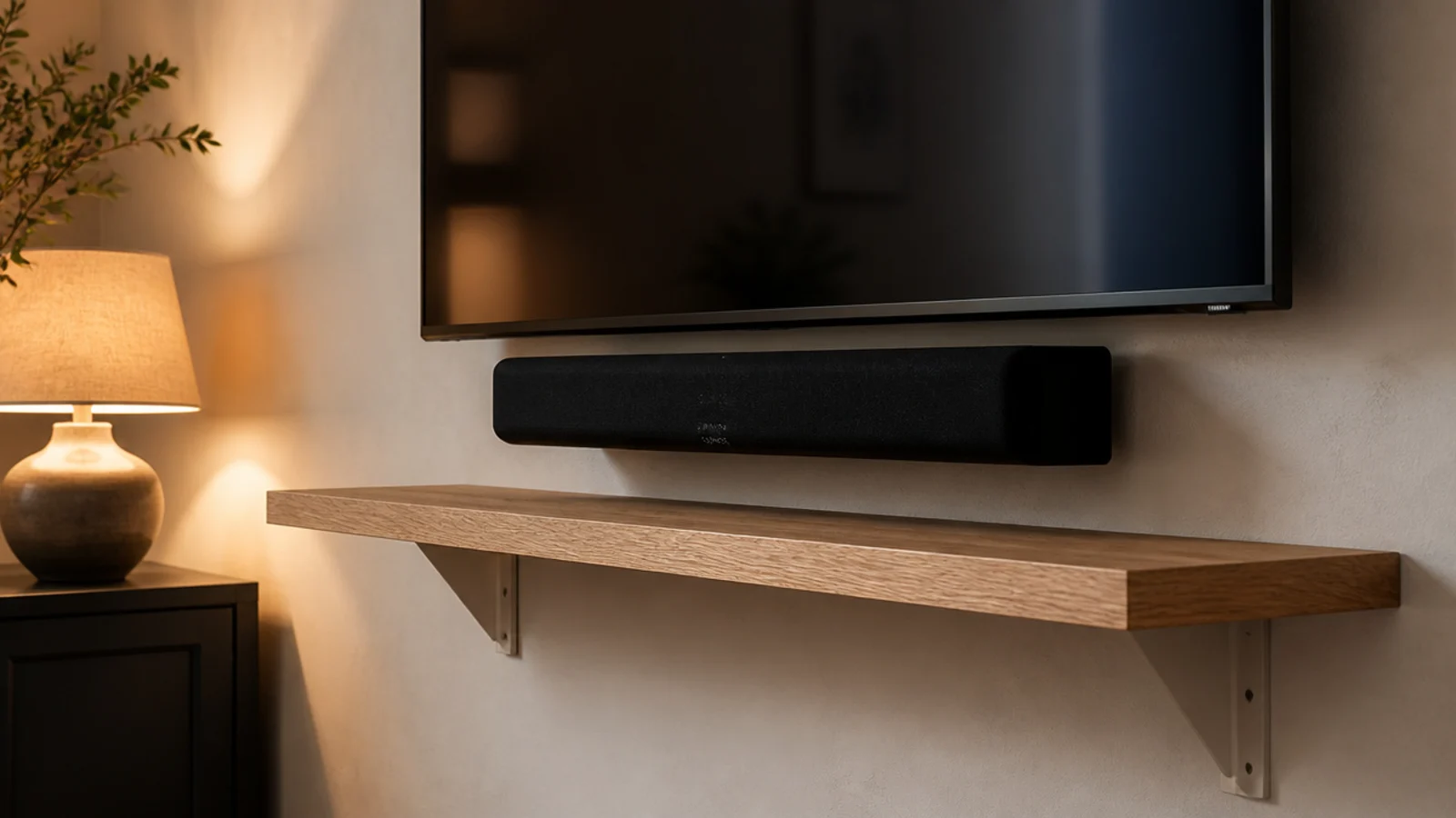 plain timber board on two painted brackets serving as a media shelf