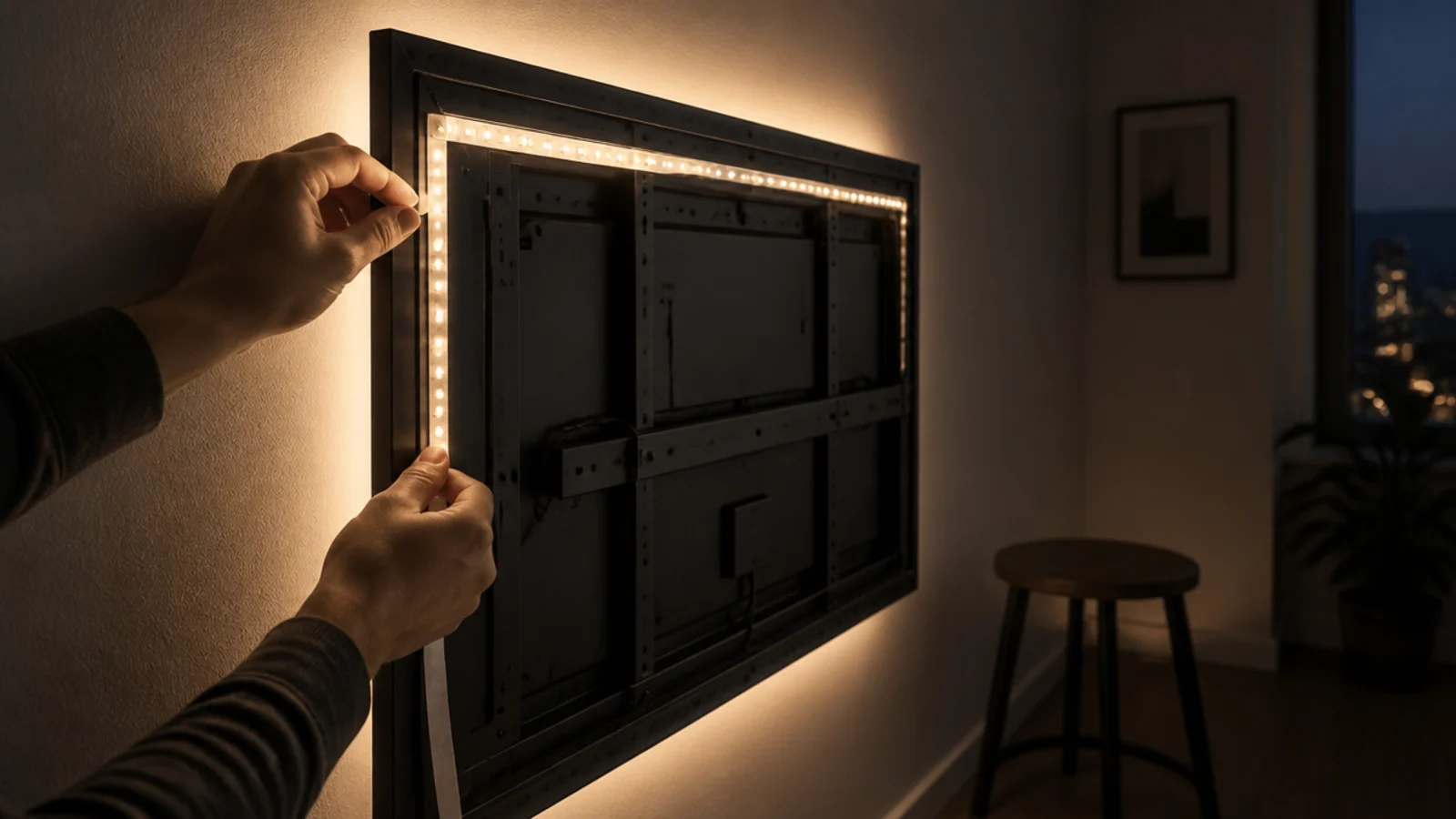 usb powered led strip taped behind a screen casting a warm glow