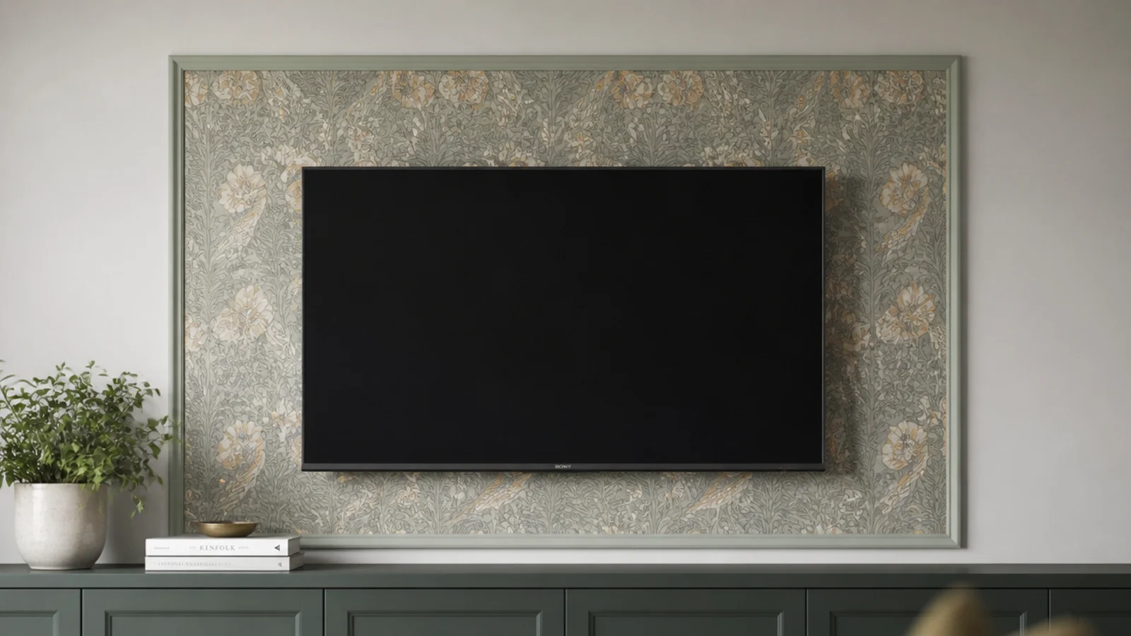 removable patterned wallpaper panel framed by slim painted moulding