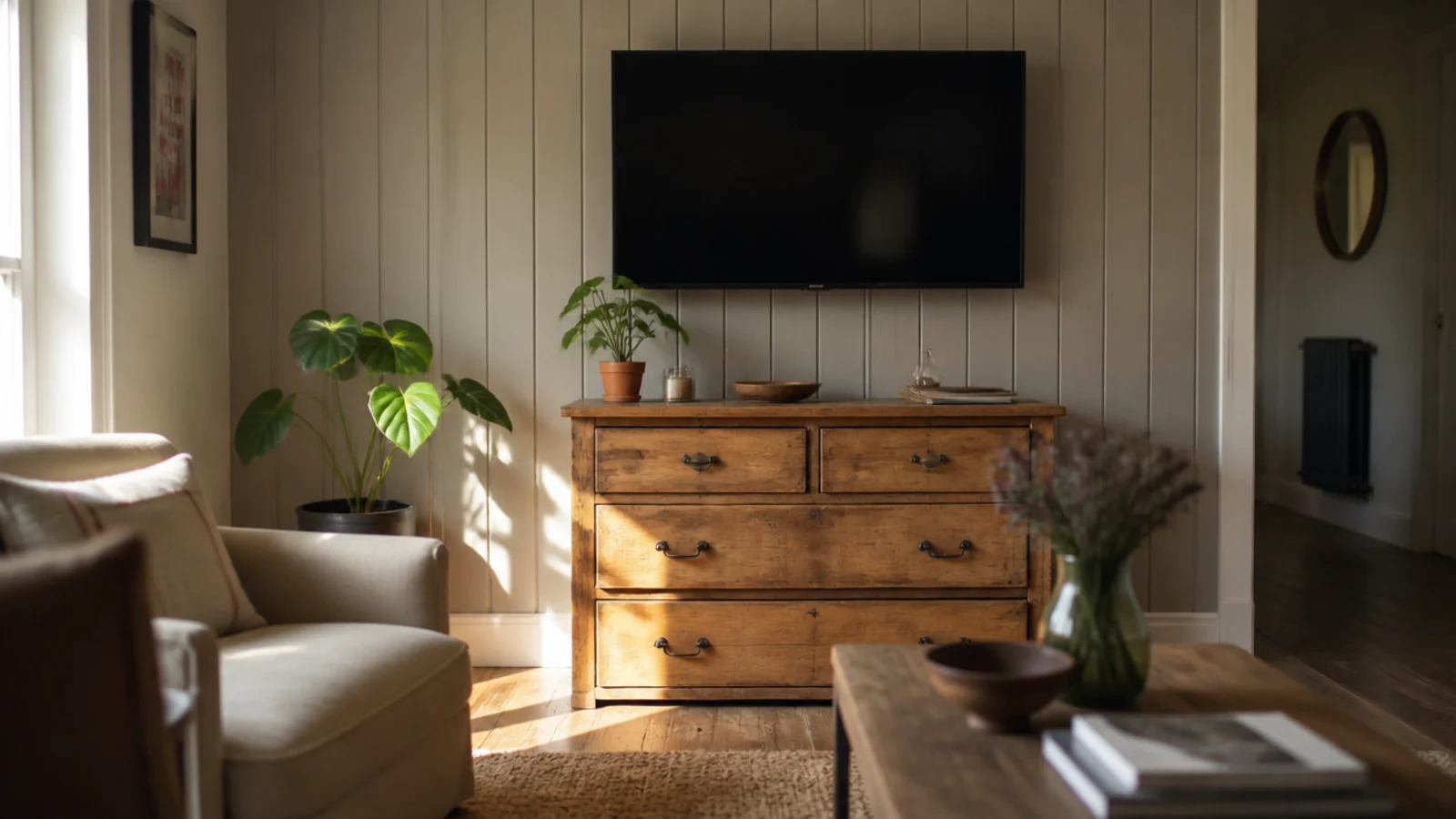 budget living room tv wall built from ripped mdf battens and paint