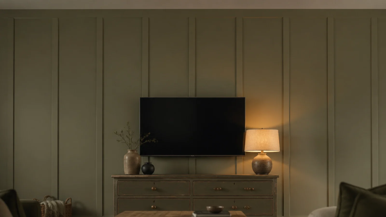 tall shot of a budget living room tv wall with battens and paint