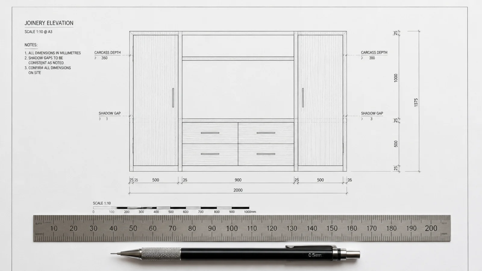 joinery elevation drawing with carcass depths marked in millimetres