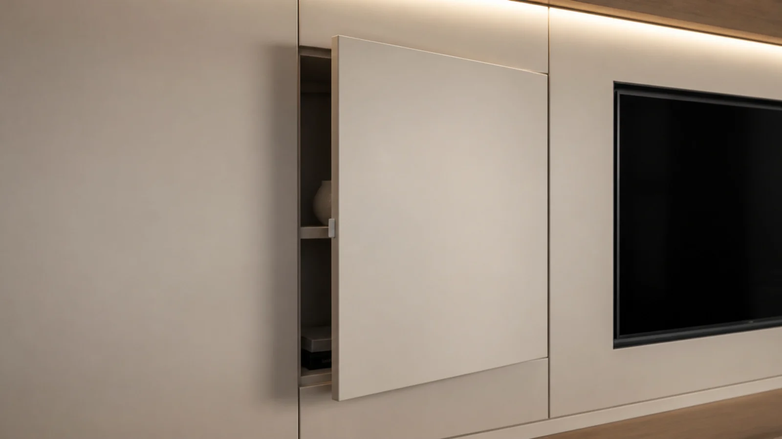 handleless cabinet fronts opening on a push catch beside a screen