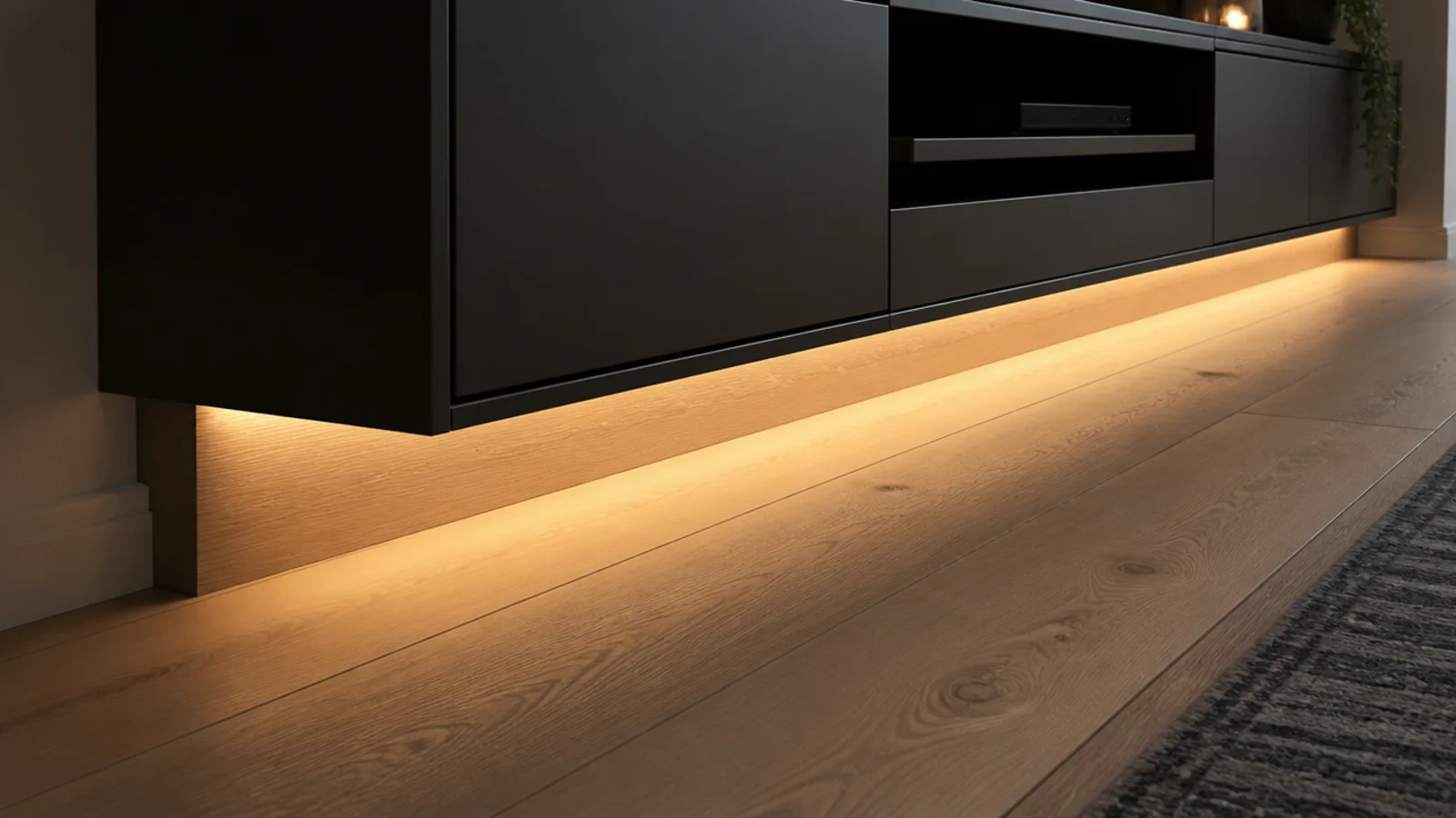 media unit base recessed and lit so the joinery appears to hover