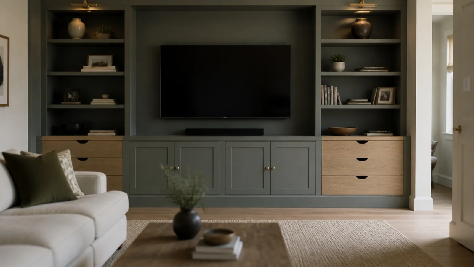 painted carcass paired with oak veneer drawer fronts on a media wall