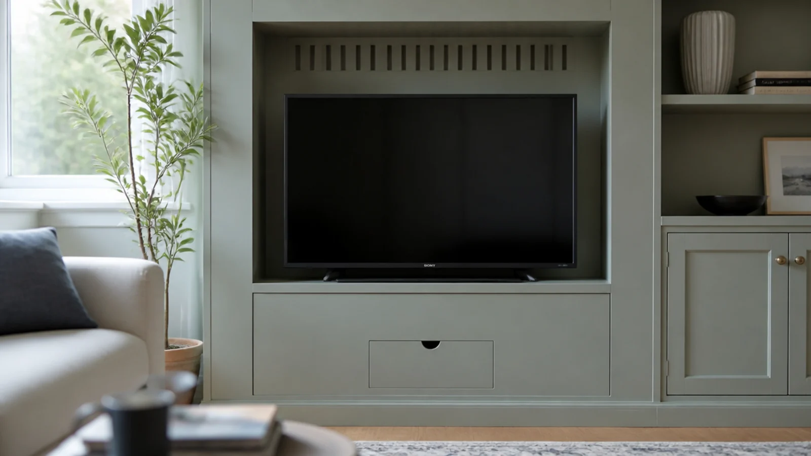 screen set into a joinery niche with clear ventilation gaps around it