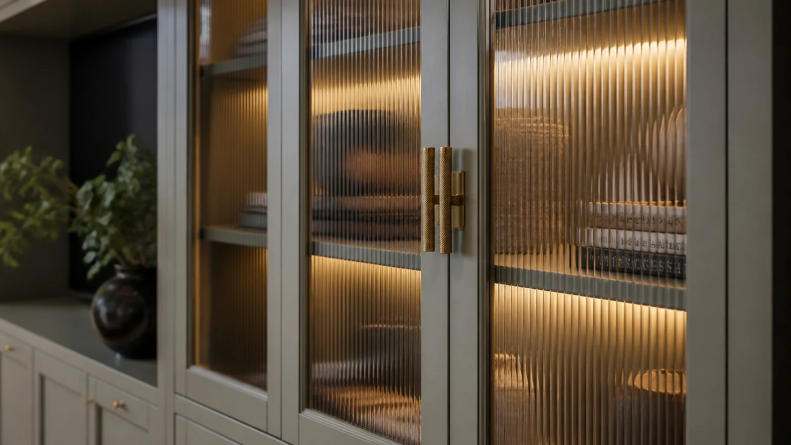 reeded glass doors blurring shelved objects beside a media niche