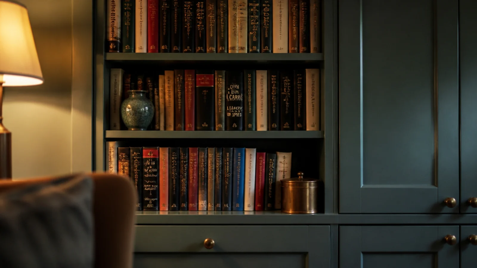 open bookcase bay integrated into a run of painted media joinery