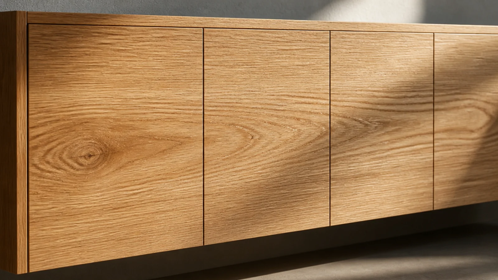 continuous timber grain running across four adjacent cabinet doors