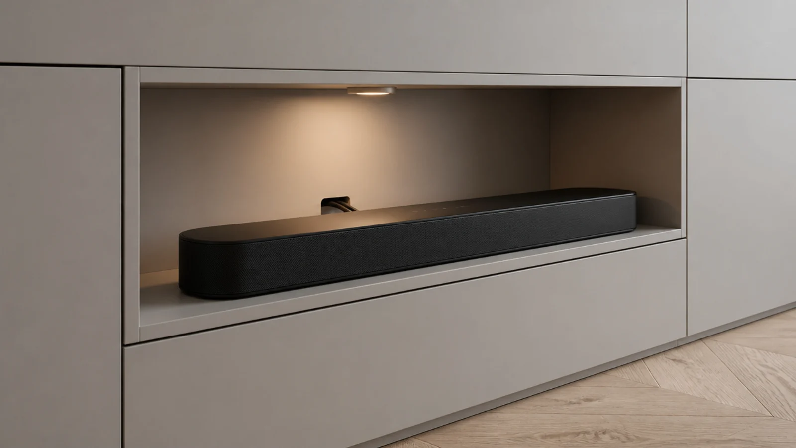 open cubby sized for a soundbar within a closed run of joinery