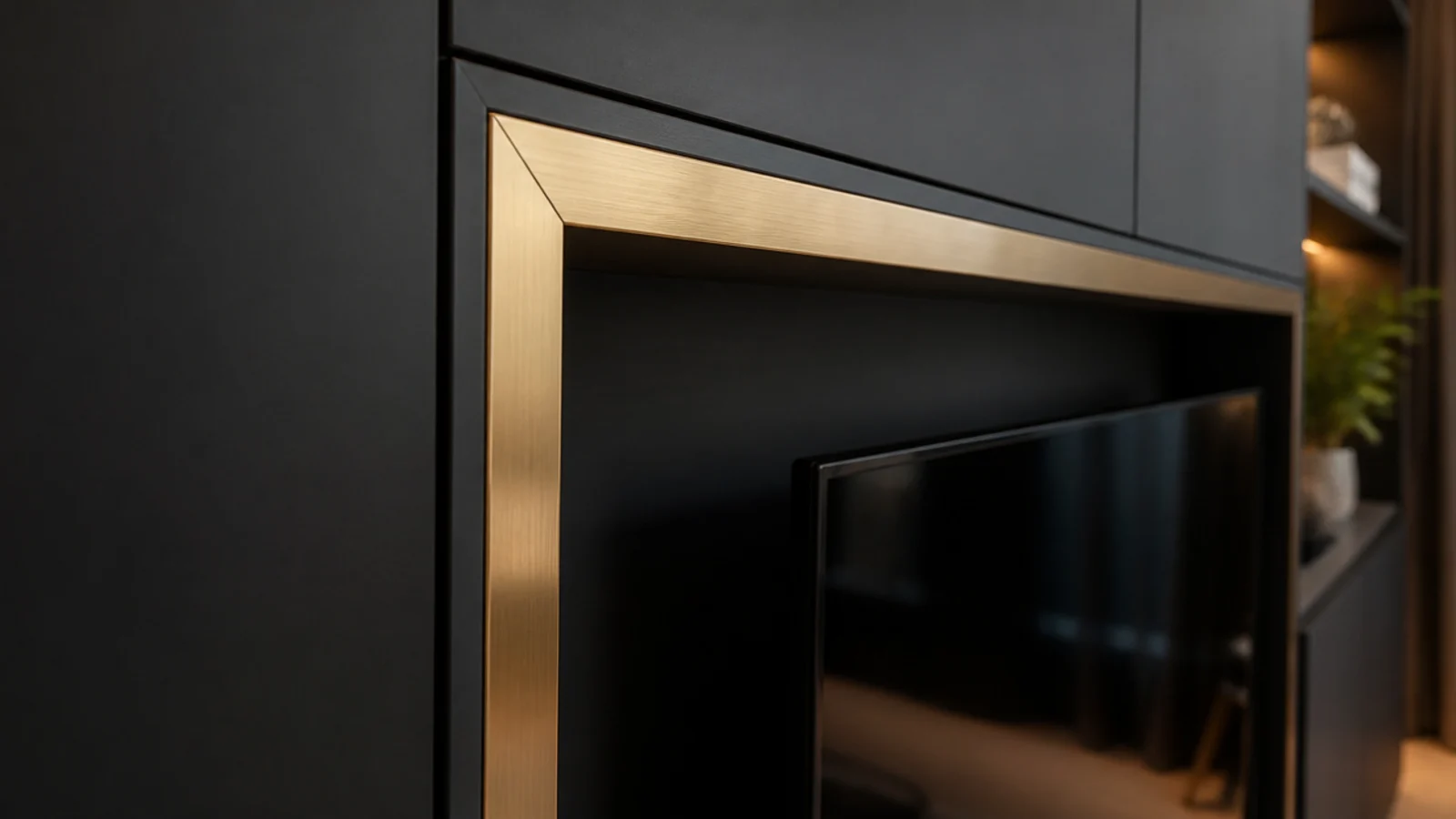 slim metal trim lining the reveal of a recessed media niche