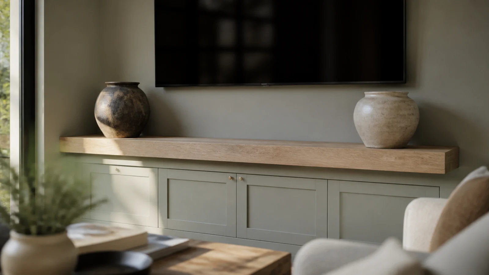 thick forty millimetre shelf spanning a media wall above closed doors