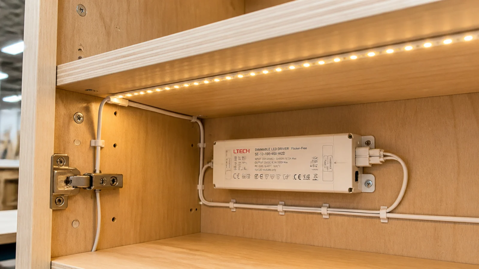 dimmable led driver and warm strip lighting inside a joinery carcass