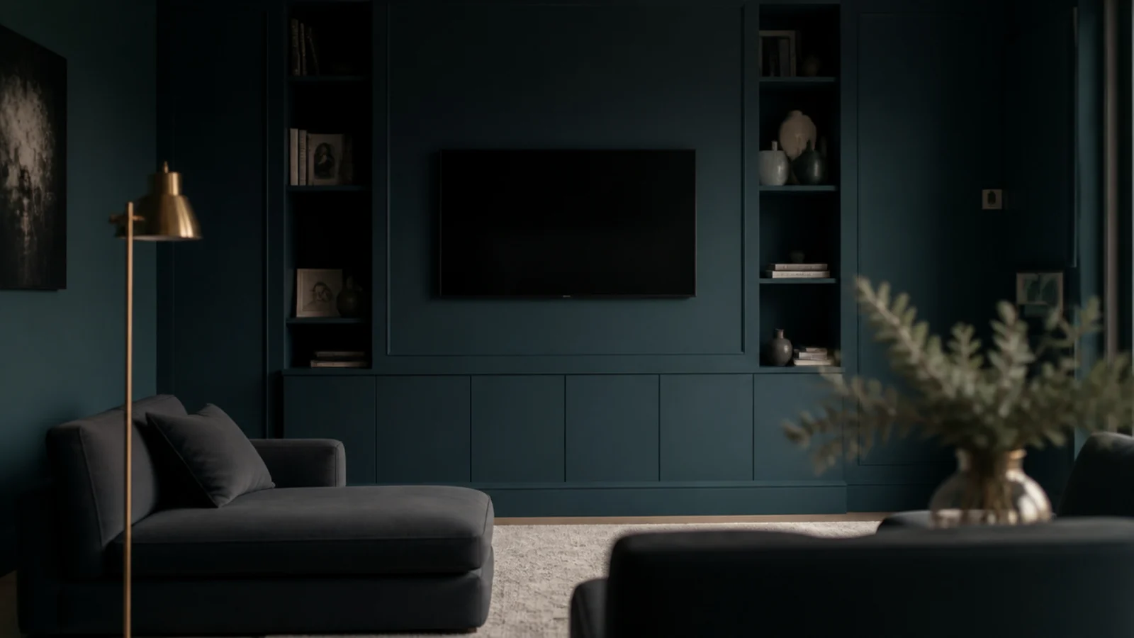 media joinery and surrounding wall painted in one deep muted shade
