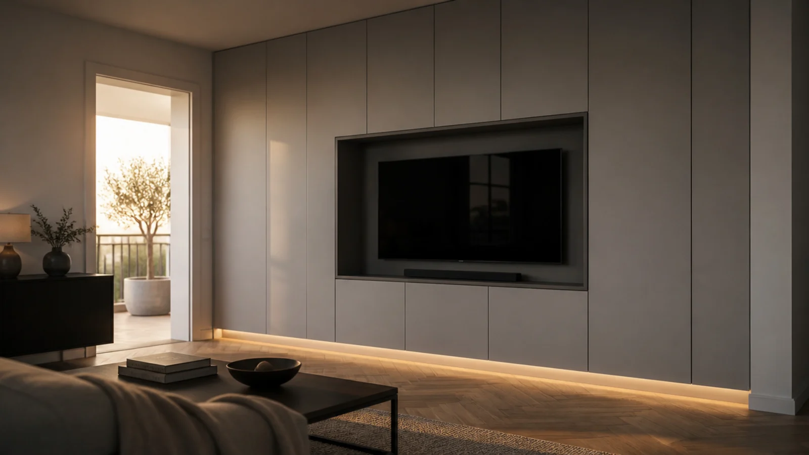 modern tv wall units in sprayed grey with a lit floating base