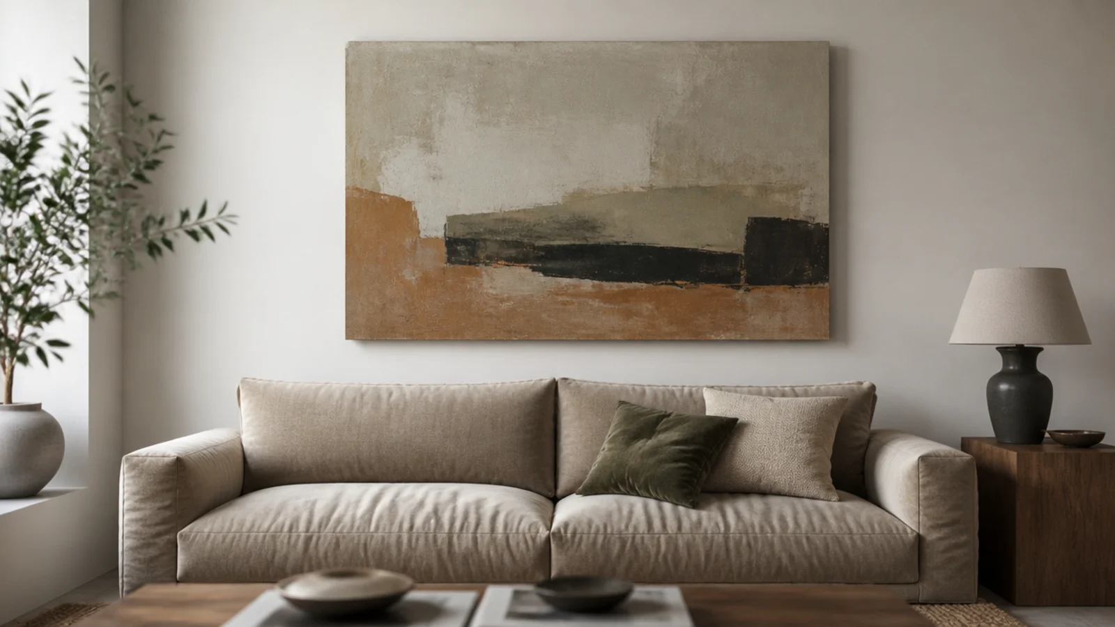 single wide canvas centred above a sofa filling most of its width