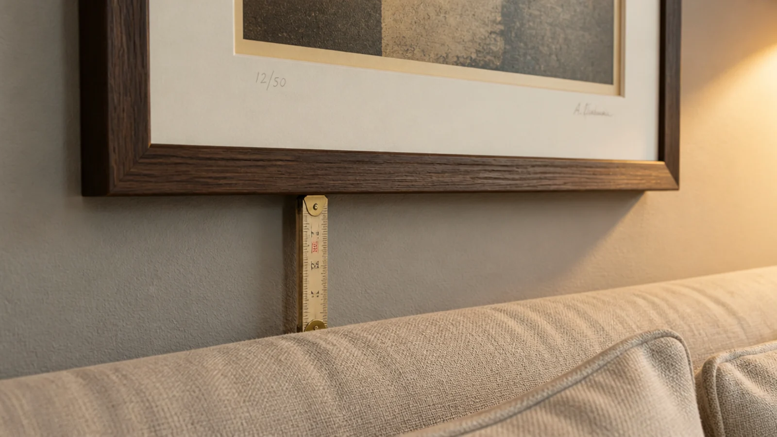 framed print hung a short measured distance above a sofa back