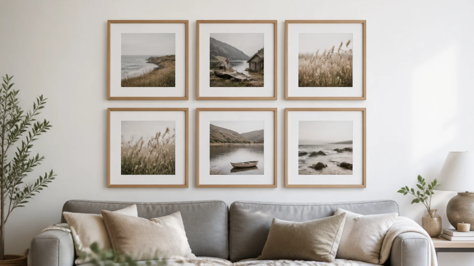 grid of six matching oak frames hung in even rows above a sofa