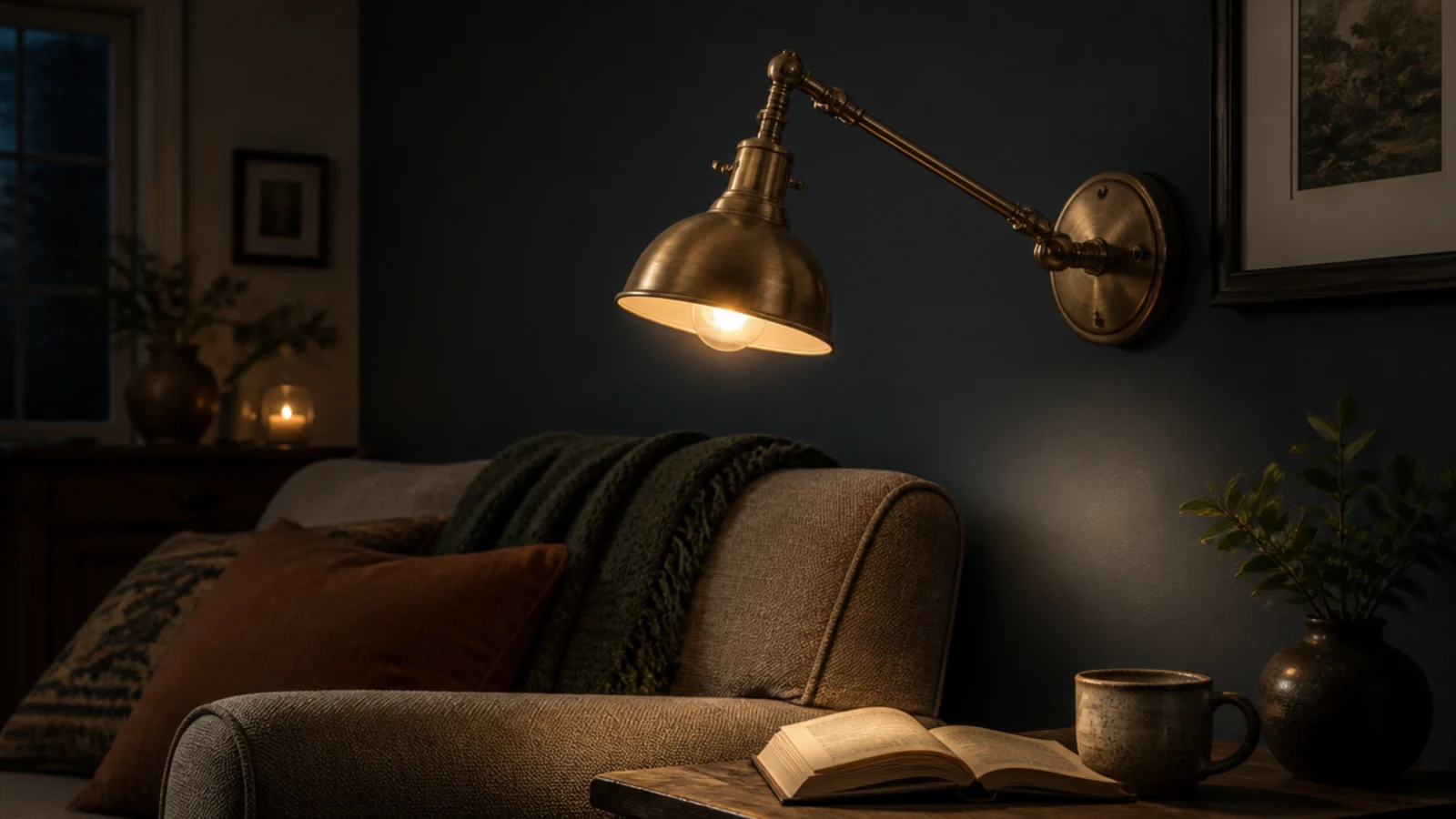 brass swing arm wall light angled over the end of a sofa