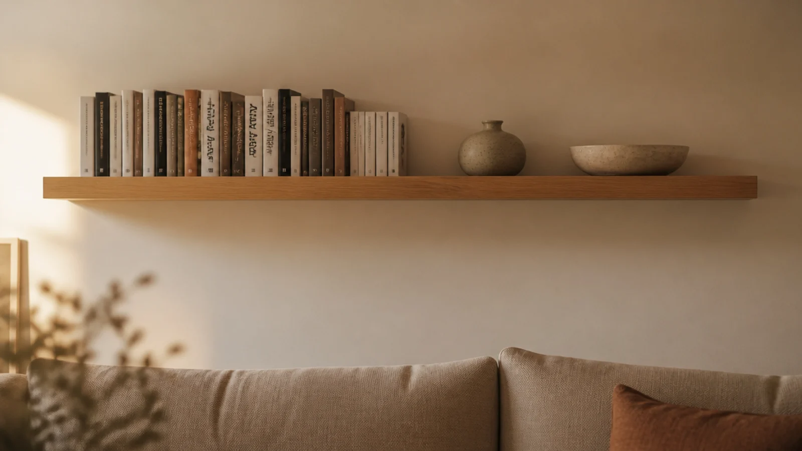 long floating shelf fixed well above the back of a sofa