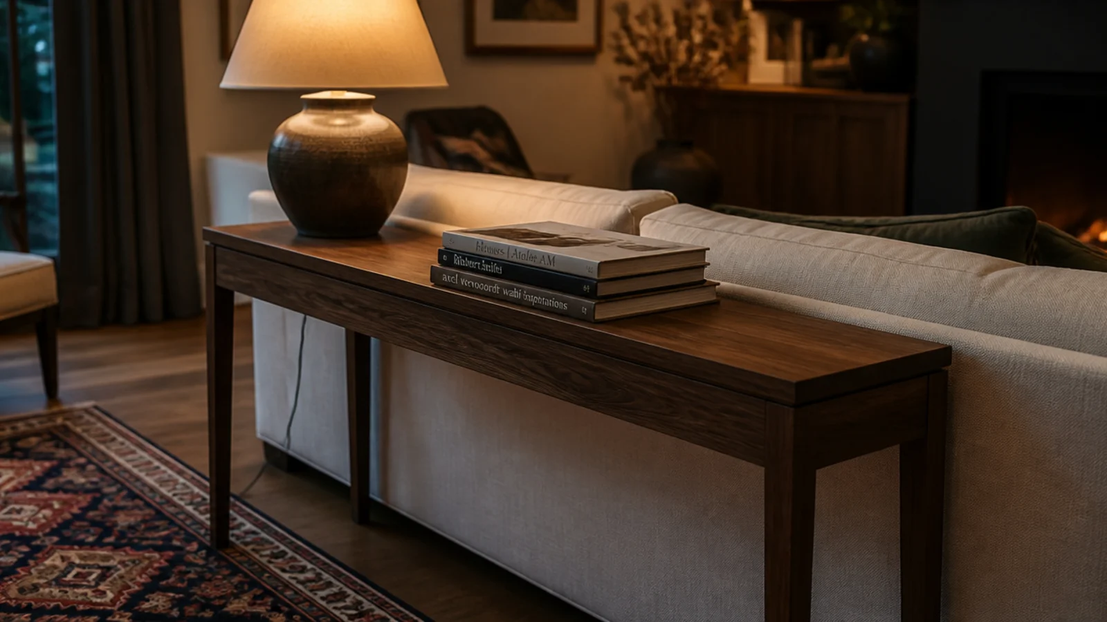 narrow console table sitting behind a sofa pulled off the wall