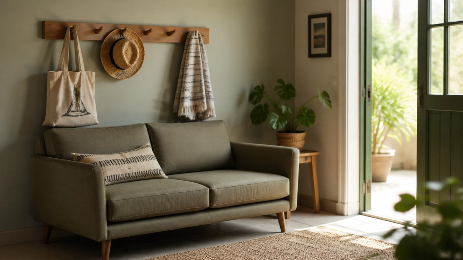 timber peg rail above a sofa holding a hat bag and blanket