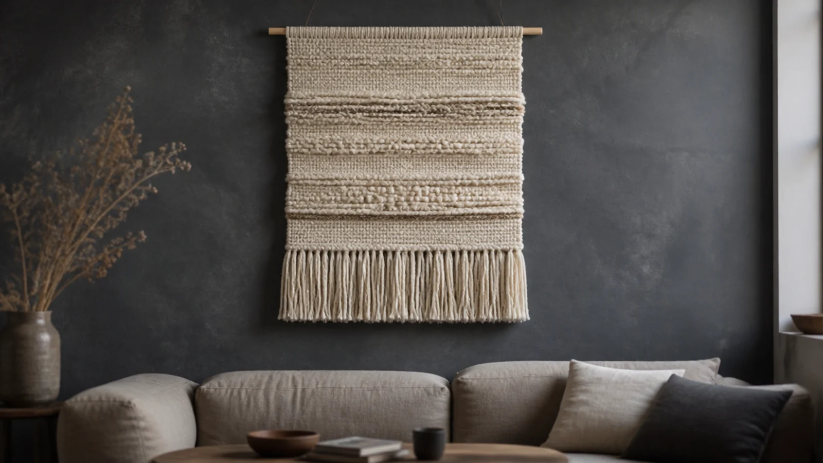 woven wool wall hanging suspended above a sofa on a timber dowel