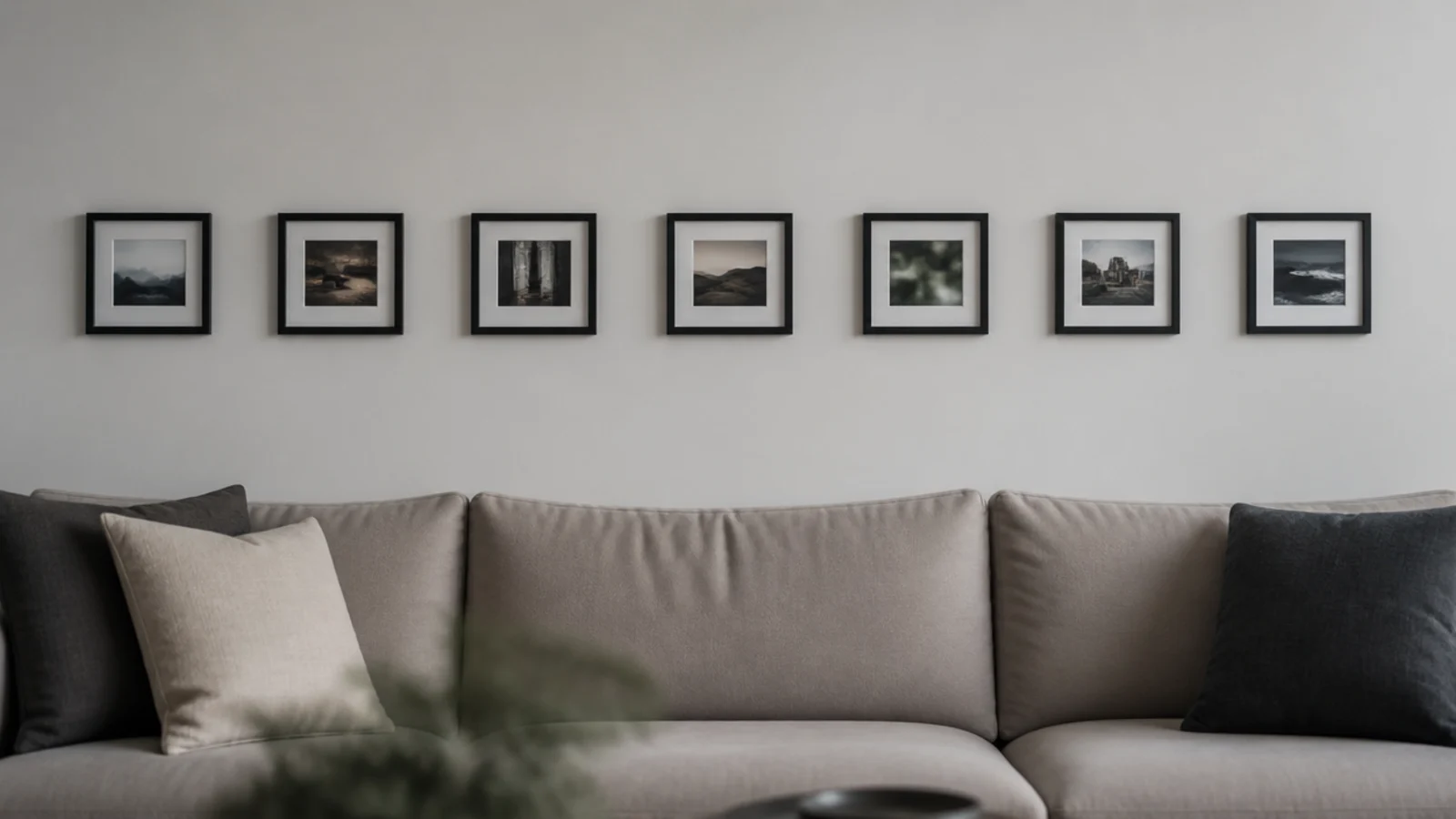 row of small frames aligned in one long horizontal line above a sofa