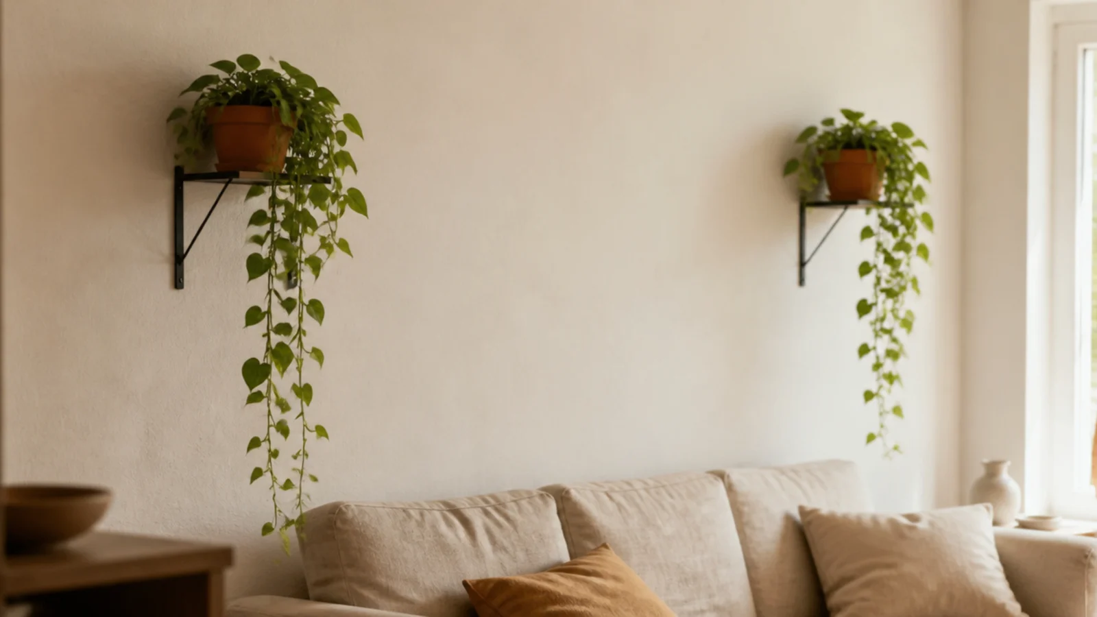 two wall brackets holding trailing plants either side of a sofa