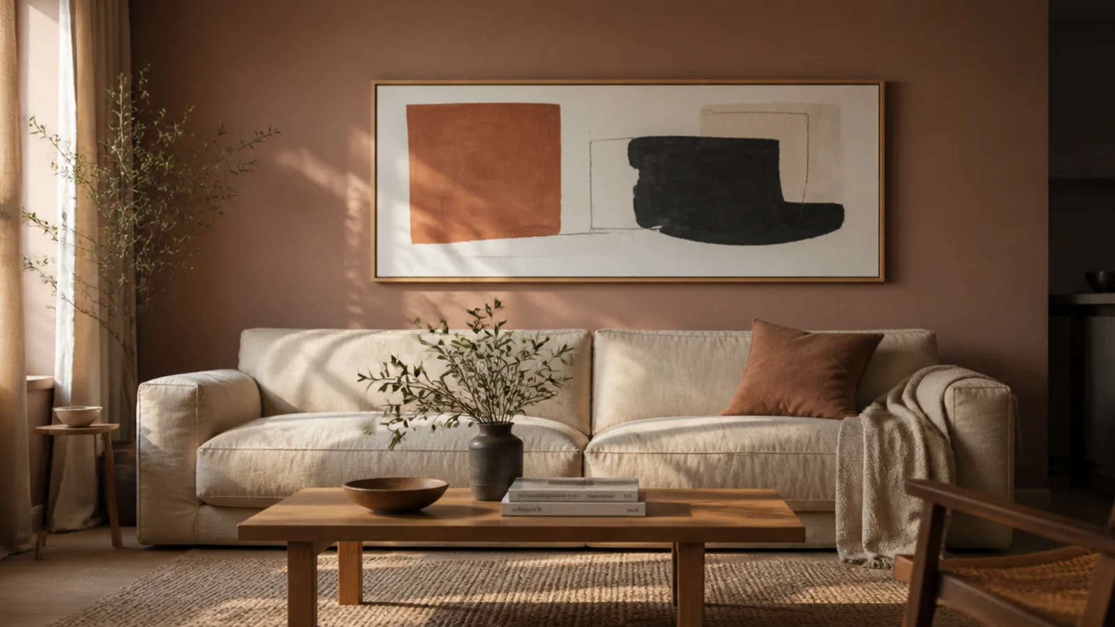 sofa back wall design with a wide framed print above a linen sofa