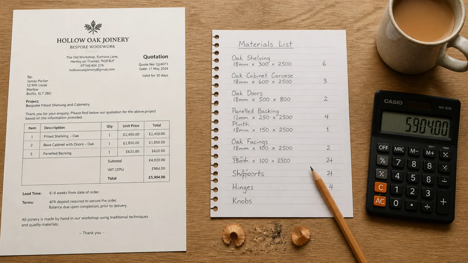 joinery quotation and a handwritten materials list side by side