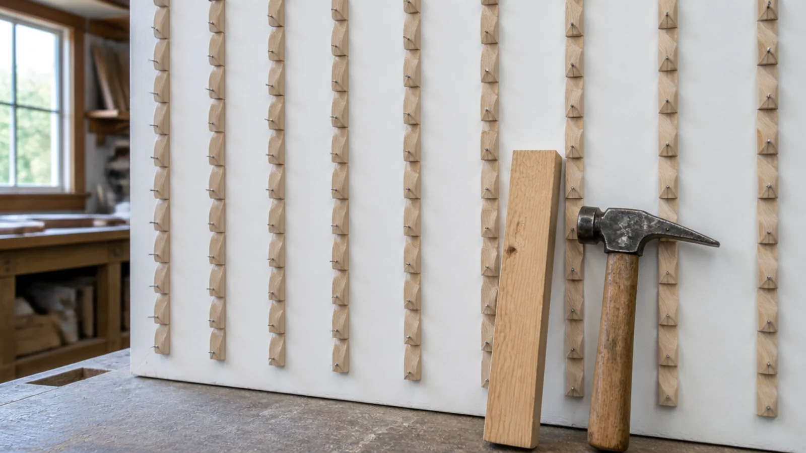 half round beads pinned in even rows across a primed wall panel