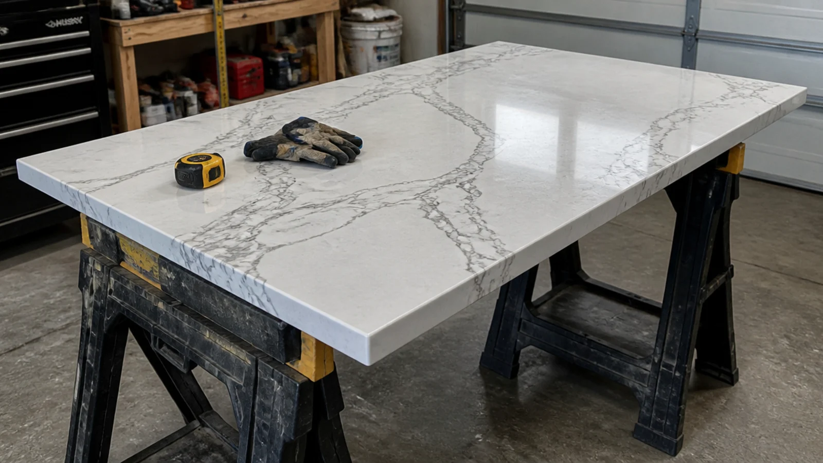 polished quartz remnant offcut resting on trestles before installation