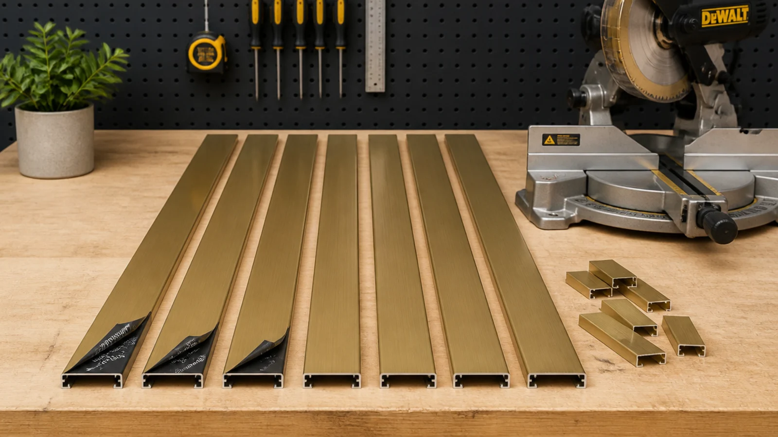 slim anodised trim lengths laid out beside a mitre saw and offcuts