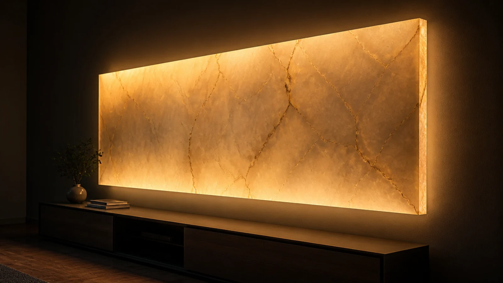 translucent acrylic panel glowing warm above a low media cabinet