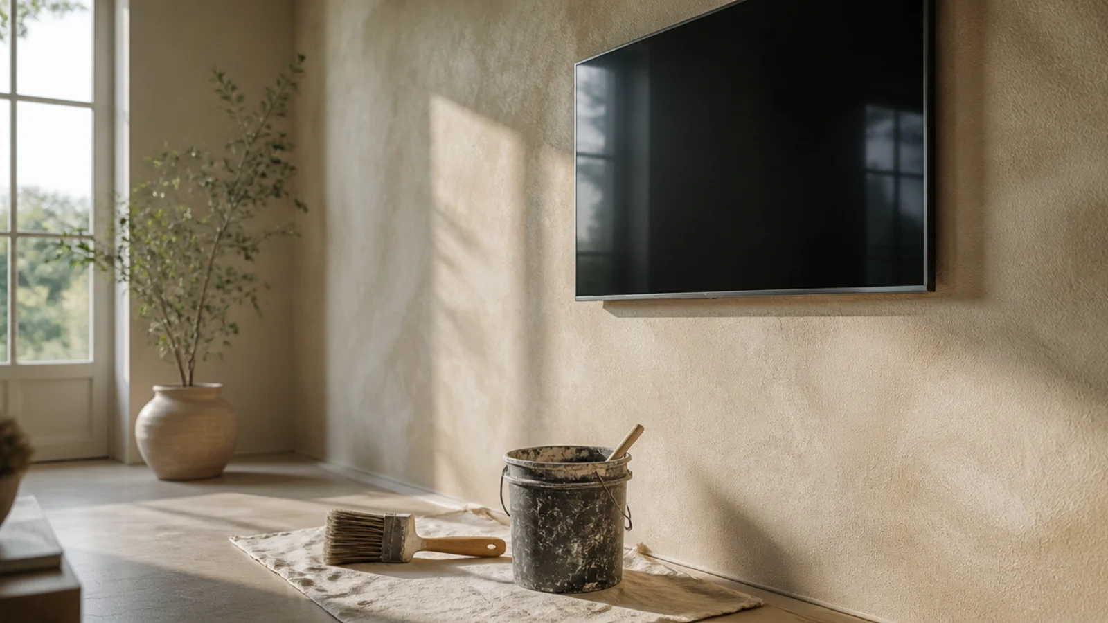 limewashed wall showing soft cloudy movement behind a mounted screen