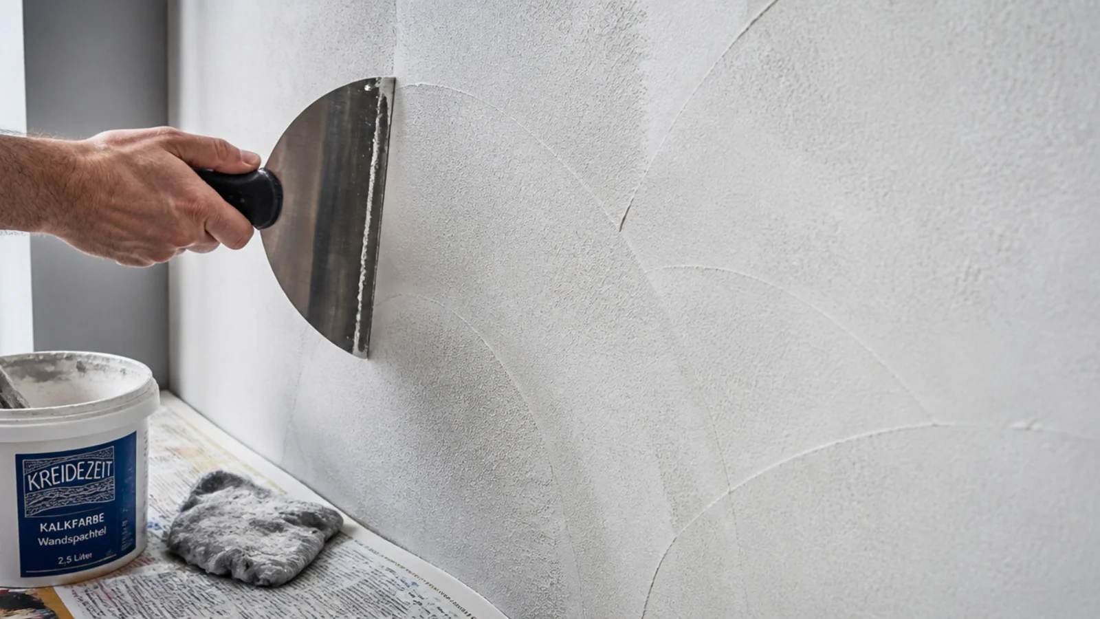textured paint being worked across a wall with a wide flexible blade