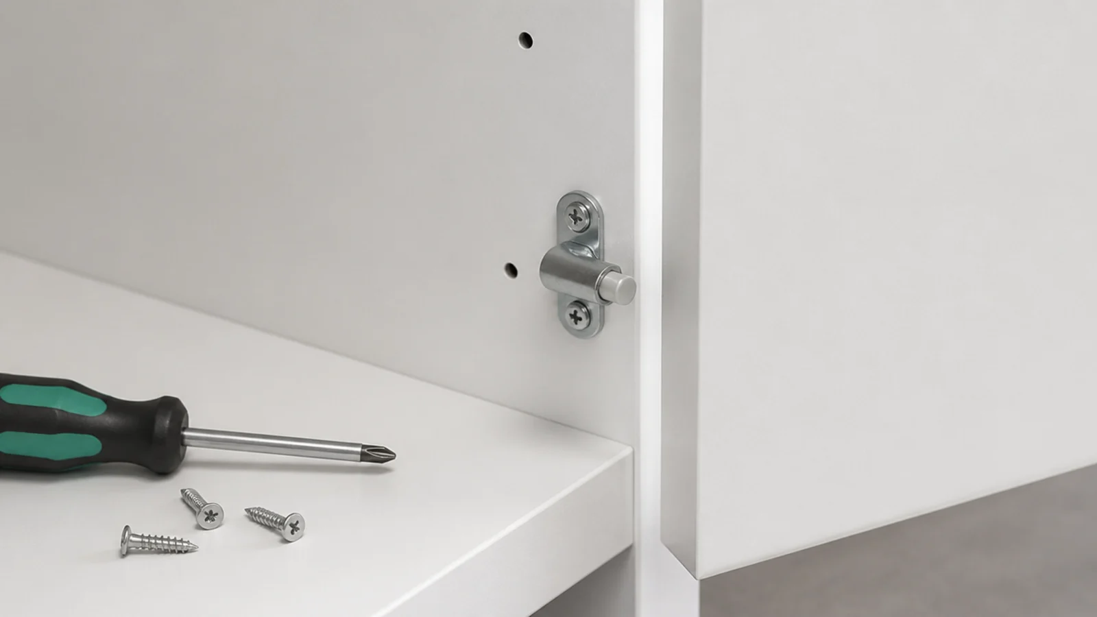 press catch mechanism fitted inside a plain white cabinet carcass