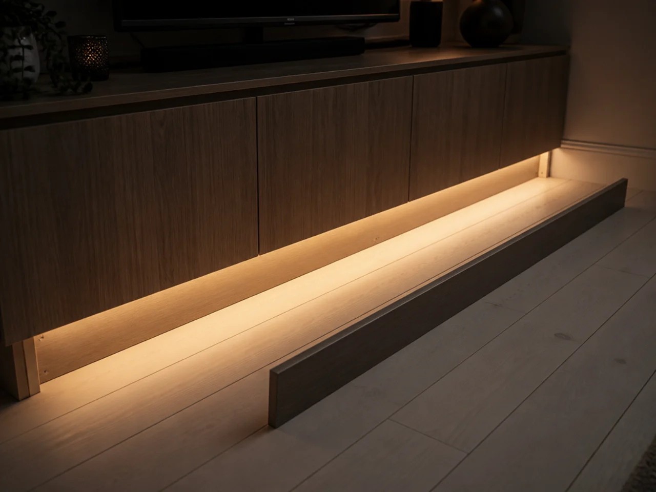strip light fitted inside the recessed plinth of a media cabinet