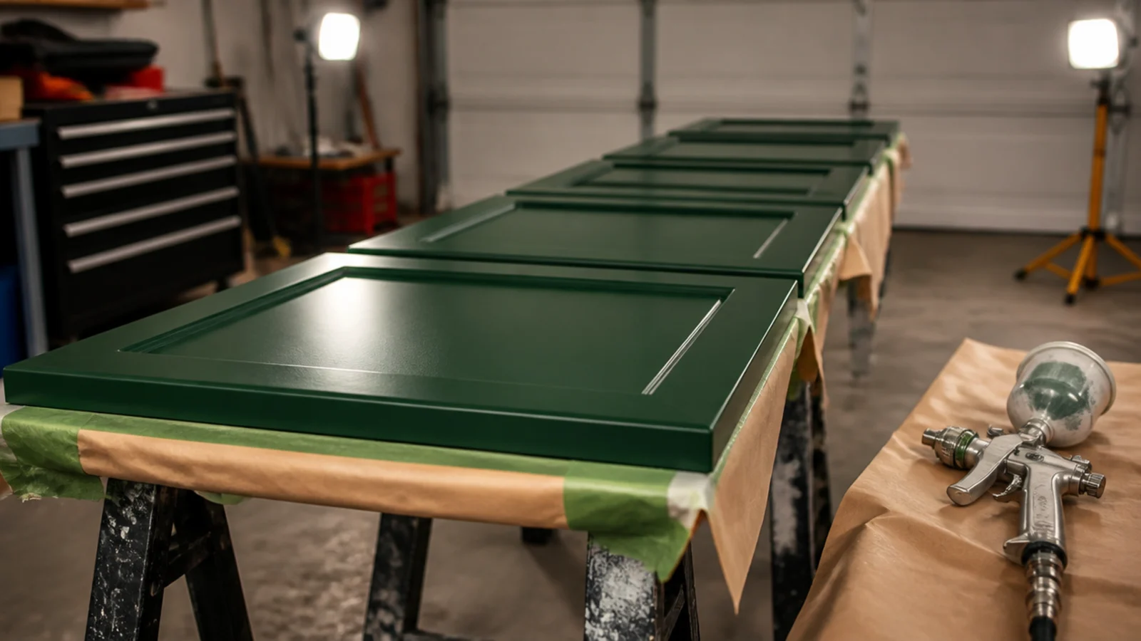 freshly sprayed cabinet doors drying flat on trestles under lights