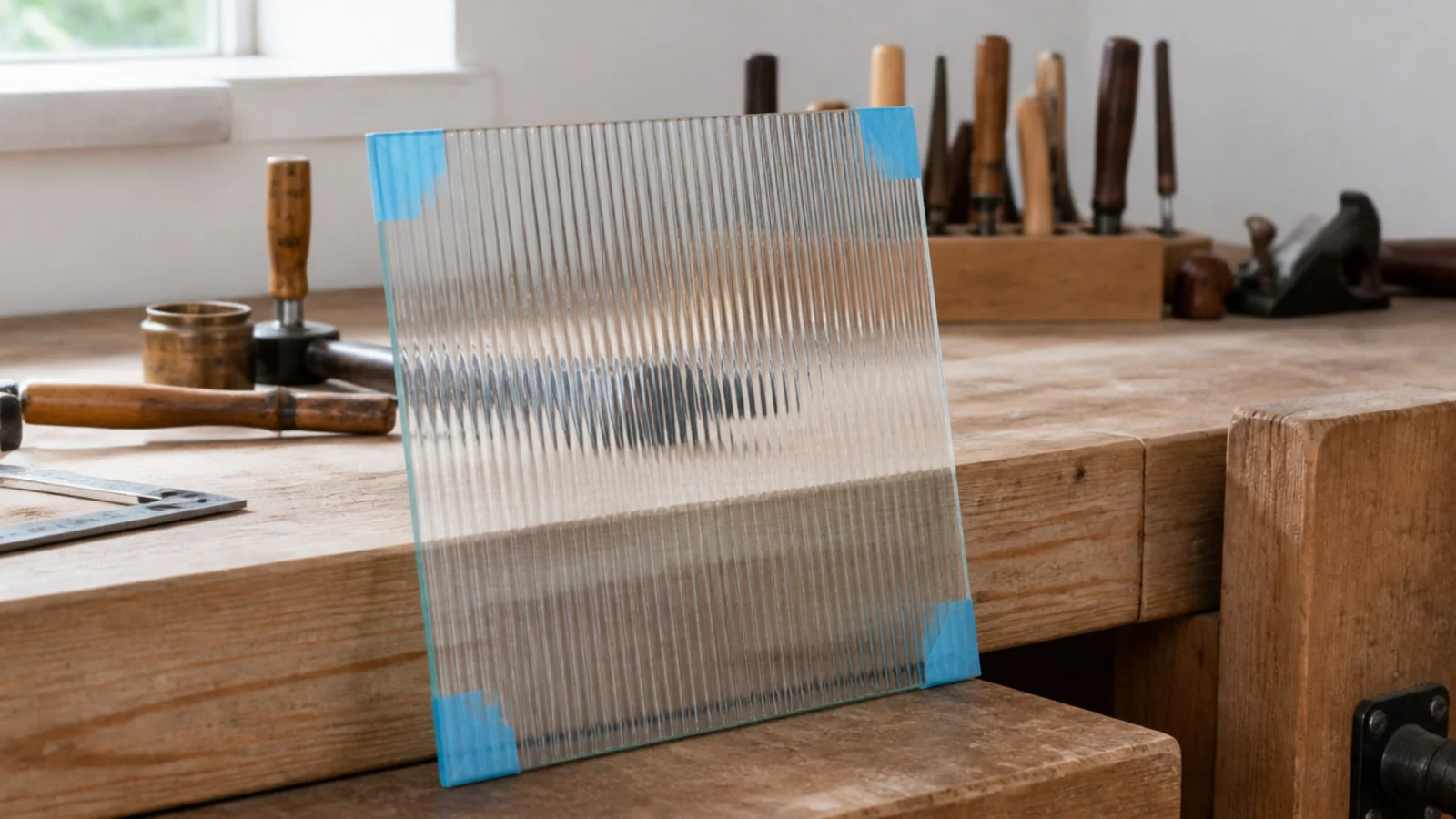 small pane of reeded glass leaning against a workbench in daylight