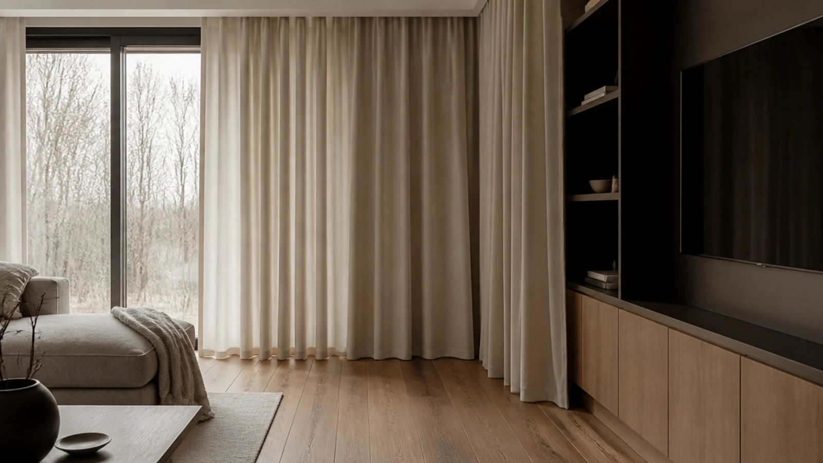 floor length linen curtains hung from a recessed ceiling track