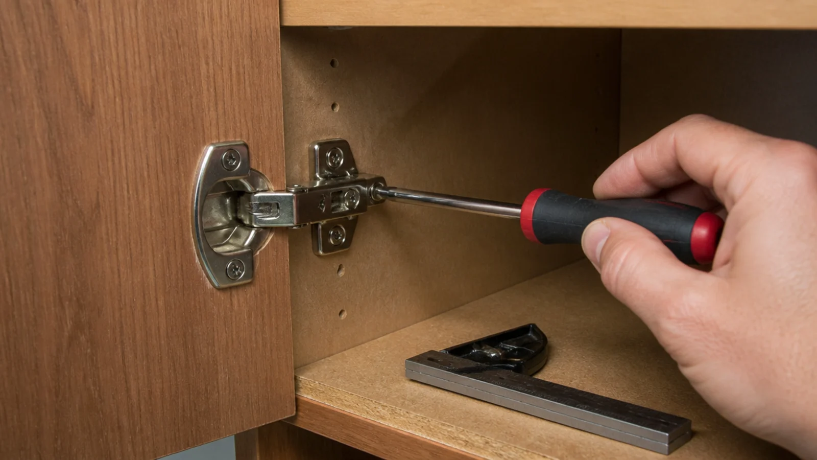 concealed hinge being adjusted inside a secondhand cabinet carcass