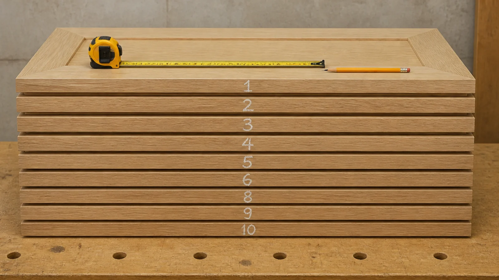 numbered veneer door blanks stacked in cutting sequence on a bench