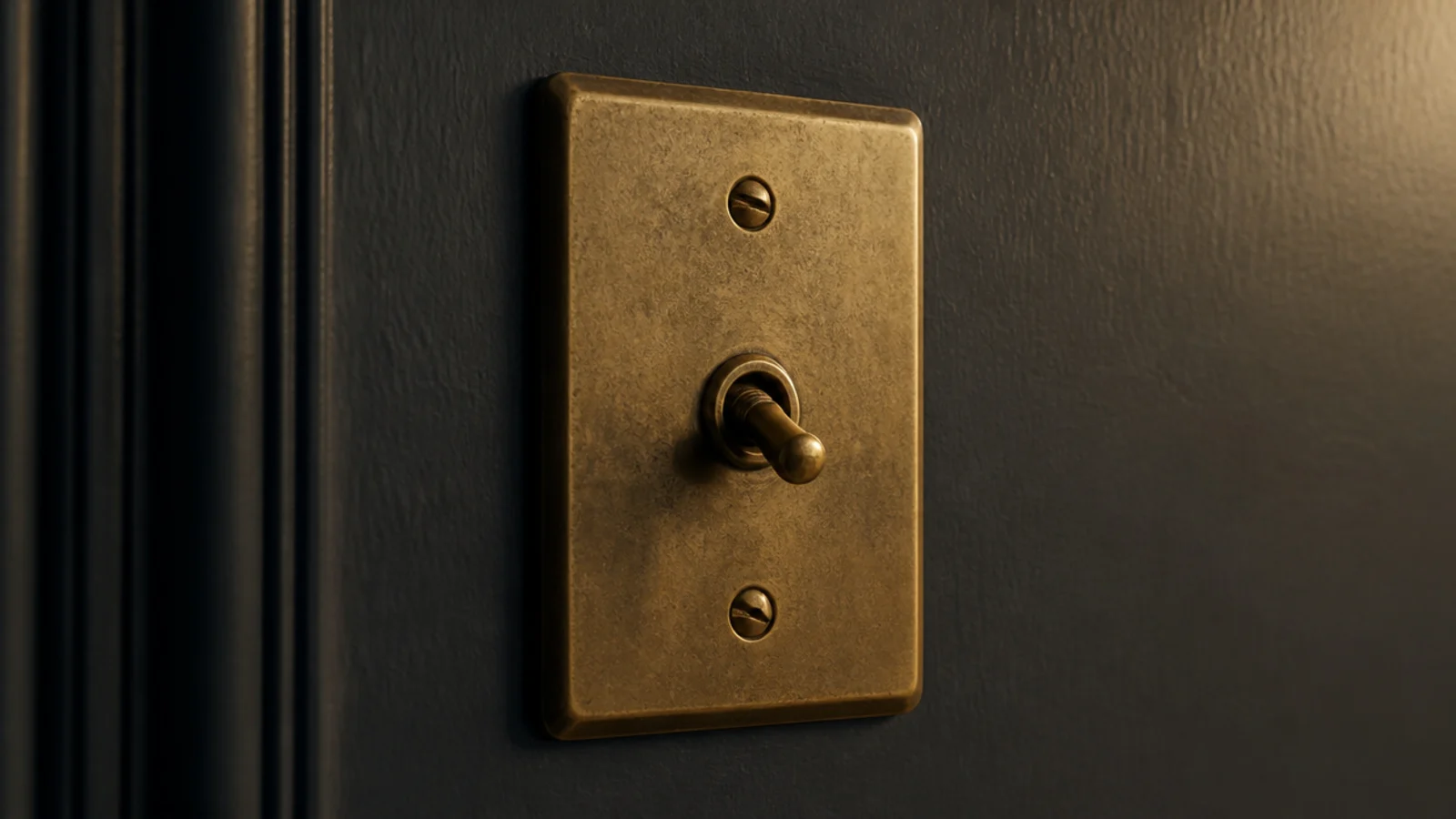 aged brass switch plate fitted beside a deeply painted wall surface