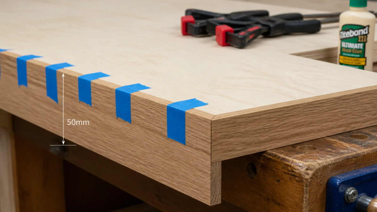 thin solid timber lipping glued along the exposed edge of plywood