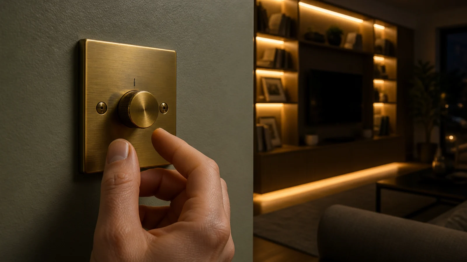 brass rotary dimmer turned low beside a softly lit media wall