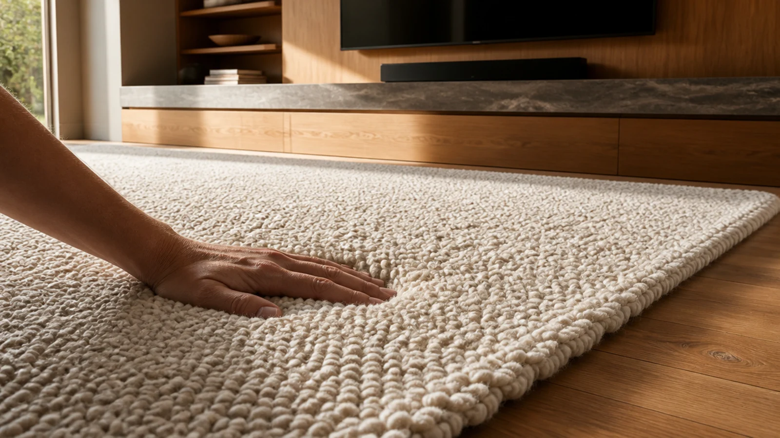 thick wool rug laid in front of a media wall showing dense pile
