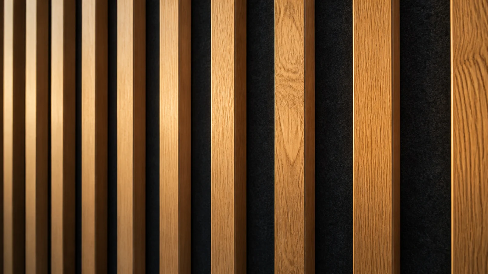 vertical oak slat wall with charcoal felt showing between the battens
