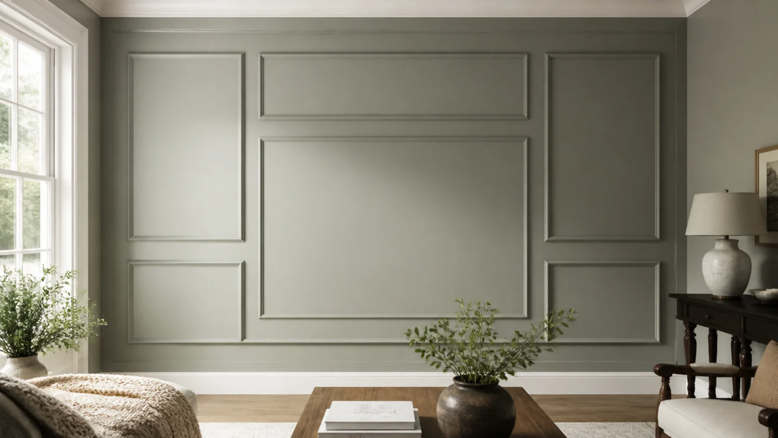 symmetrical grid of painted moulding boxes framing a wall mounted screen